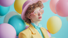 Vintage Style Woman With Pastel Balloons Ideal For Retro Fashion And Lifestyle Marketing