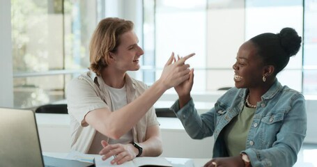 Aufkleber - Laptop, team and students high five to celebrate at university for success in education project for learning. Victory, man and woman in college, hands together or friends excited for goal achievement