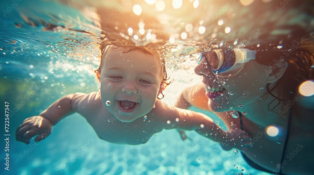 Cute smiling baby and mom having fun swimming and diving in the pool at ...