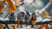 Three Birds Perched On Branch Covered In Snow. Suitable For Winter-themed Designs And Nature Illustrations