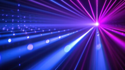 Wall Mural - Blue and violet beams of bright laser light shining on black background