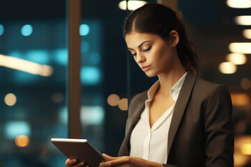 Wall Mural - Professional woman wearing business suit is seen looking at tablet. This image can be used to illustrate technology in workplace or modern business practices