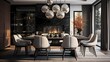 Classic-contemporary fusion dining room with a mix of iconic chairs and a statement lighting fixture
