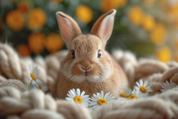 Wall Mural - Small ,baby rabbit in easter basket with fluffy fur and easter eggs in the fresh