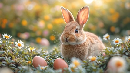 Wall Mural - Small ,baby rabbit in easter basket with fluffy fur and easter eggs in the fresh