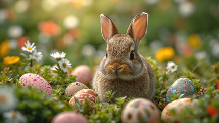 Wall Mural - Small ,baby rabbit in easter basket with fluffy fur and easter eggs in the fresh