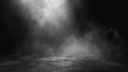 Canvas Print - Abstract image of dark room concrete floor. Black room or stage background for product placement.Panoramic view of the abstract fog. White cloudiness, mist or smog moves on black background