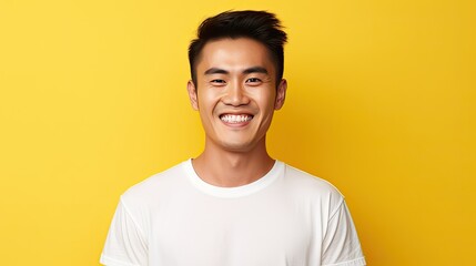 Wall Mural - Studio shot of a handsome and cheerful Asian man in white t-shirt and smiling with solid color background.