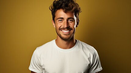 Wall Mural -  Studio shot of cheerful beautiful American man in white t - shirt and stand smiling with braces on yellow background. 