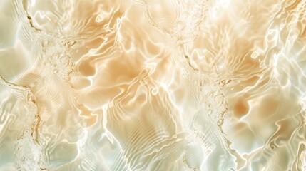  Abstract summer banner background Transparent beige clear water surface texture with ripples and splashes. Water waves in sunlight, copy space, top view.
