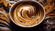 Close-up of swirling coffee cream creating mesmerizing abstract patterns in a cup