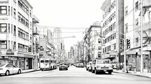 Contemporary Black And White Line Drawing Of An Urban Street Scene, Capturing The Essence Of Modern City Life With Clean Architectural Lines