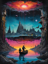 A Surreal Painting Capturing The Scene Of A Man In A Boat On A Serene Lake.