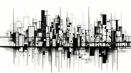 Sticker - Contemporary black and white line drawing of an abstract cityscape, capturing the essence of urban life with simplified and clean lines