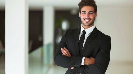 Poster - Happy businessman in modern office meeting with copy space on blurred glass walls background