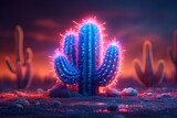 Fototapeta  - A neon illustration of a blue purple cactus.  Created with generative AI.