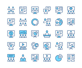 Poster - Presentation icons set. Vector line icons. Blue color outline stroke symbols. Modern concepts