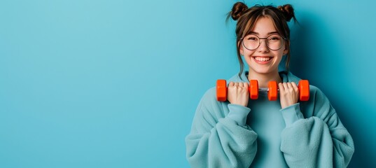 Wall Mural - Cheerful young woman lifting weights comfortably with copy space for text placement