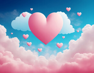 Wall Mural - Tender hearts in the blue sky amidst pink clouds.