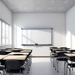 Ein Modernes erfrischendes, leeres Klassenzimmer mit einem großen weißen Whiteboard (Tafel)  Bunt aber schlicht.