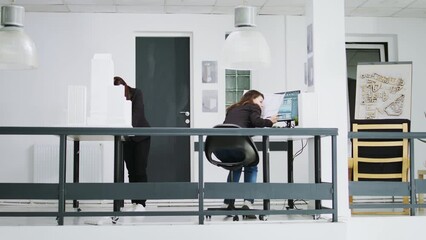 Poster - Real estate agency employees working on creative blueprints, creating architectural plans and schemes. Women developing designs for residential neighborhood area, construction small business.