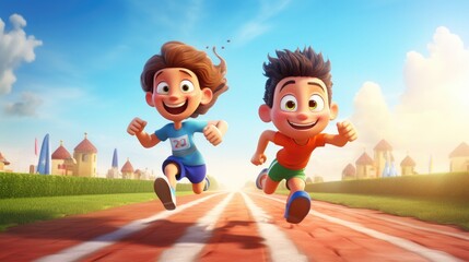 Poster - Two 3D cartoon kids participating in a high-speed footrace with hilariously elongated legs.