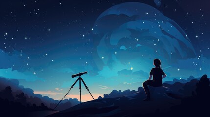 Wall Mural - A vector cartoon kid with a telescope, looking at the stars.