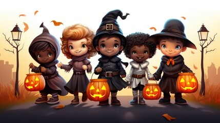 Canvas Print - A group of vector cartoon kids in Halloween costumes, trick-or-treating.
