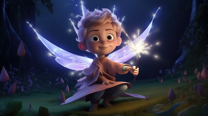 Sticker - A 3D cartoon kid in an enchanting fairy costume, complete with a giant magic wand.