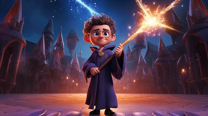 Sticker - A 3D cartoon kid in a wizard's robe, wielding a larger-than-life magic wand.