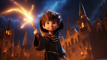 Sticker - A 3D cartoon kid in a wizard's robe, wielding a larger-than-life magic wand.