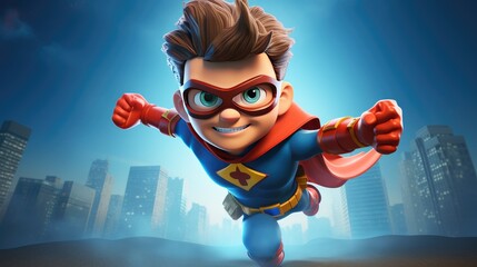 Wall Mural - A 3D cartoon kid dressed as a superhero, striking a heroic pose.