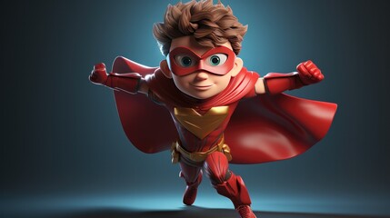 Wall Mural - A 3D cartoon kid dressed as a superhero, striking a heroic pose.