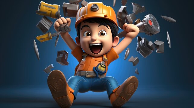 A 3D cartoon kid dressed as a construction worker, handling comically large tools.
