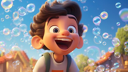 Canvas Print - A 3D cartoon kid blowing massive soap bubbles with glee.