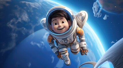 Wall Mural - A 3D cartoon kid decked out in an astronaut suit, venturing into outer space on a rocket ship.