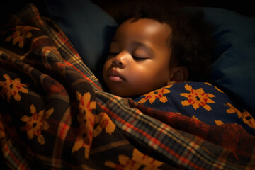 Little boy, Afro-american child, with black skin, sleeping in bed with closed eyes under the blanket with dark background..