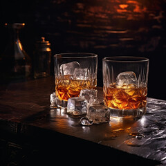 Two glasses of whiskey with ice on a bar counter, dark background with bokeh.