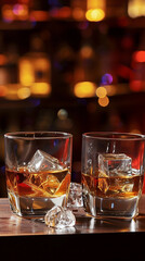 Two glasses of whiskey with ice on a bar counter, dark background with bokeh.