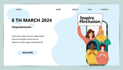 Wall Mural - Online Activism Landing Page Template. Inspire Inclusion is campaign theme of International Women's Day 2024. Female persons is showing sign of heart with their hands.