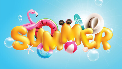 Fototapete - Summer 3d text vector design. Summer yellow title font with flamingo floaters, beach ball, surf board, sunglasses and hat beach elements decoration in blue background. Vector illustration summer 3d 