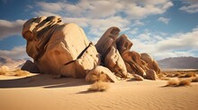 Massive Desert Boulders Perched Atop A Sandy Plateau, Creating A Dramatic And Otherworldly Scene