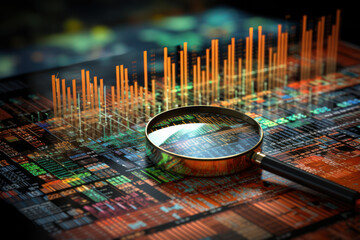 Poster - A digital illustration of a magnifying glass focusing on financial charts and data, symbolizing the importance of thorough analysis in decision-making. Generative Ai.
