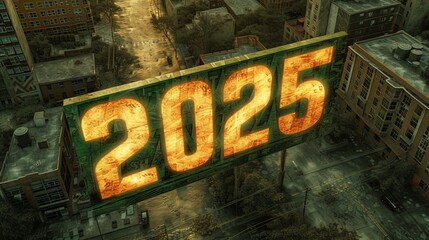 Poster - glowing holographic icon of 2025 displayed as a large and interactive projection in the air