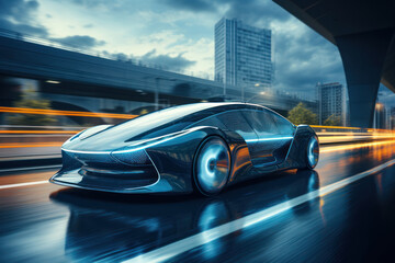 Poster - a futuristic hydrogen-powered vehicle on a sleek road, illustrating the vision of a sustainable and 
