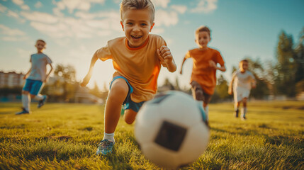 Group of Young Boys Engaged in a Game of Soccer on the School Field