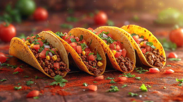 traditional mexican tacos with seasoned meat and chopped vegetables