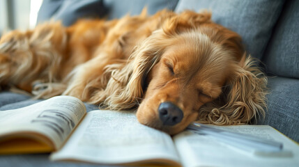 Wall Mural - Brown Dog Laying on Couch Next to Open Book