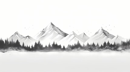 Wall Mural - Minimalist black and white line drawing of a stylized mountain landscape, conveying a sense of tranquility and simplicity in its form