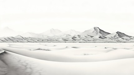 Wall Mural - Monochromatic desert drawing using intricate black ink detailing against a white surface, embodying the minimalist charm of the arid scenery
